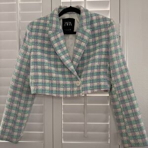 Zara Pastel Plaid Cropped Tweed Blazer Jacket Mint Purple Gold Button M